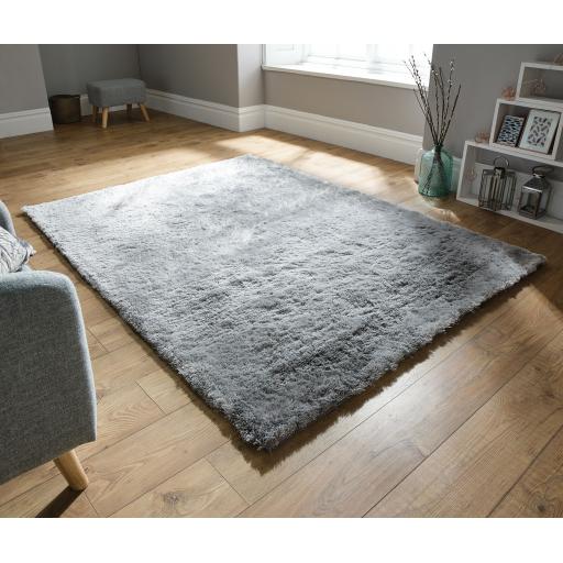 Splendour Shadow Soft Touch Silky Shaggy Ivory Rug in Silver 75x150 cm