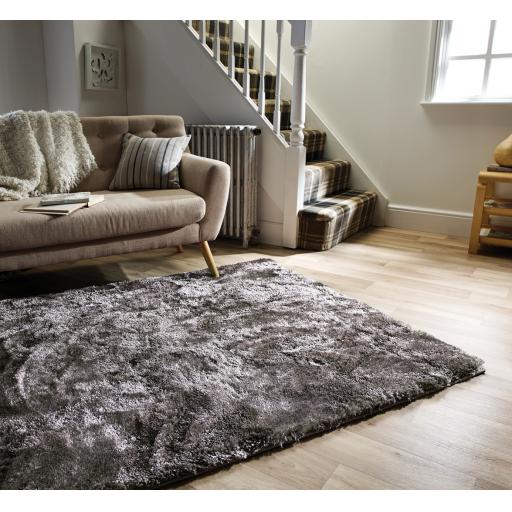 Serenity Shaggy Rug Super Soft Velvet Silky Metallic Sheen Silver Grey Rug in Small Size  80x150 cm (2'6"x5')