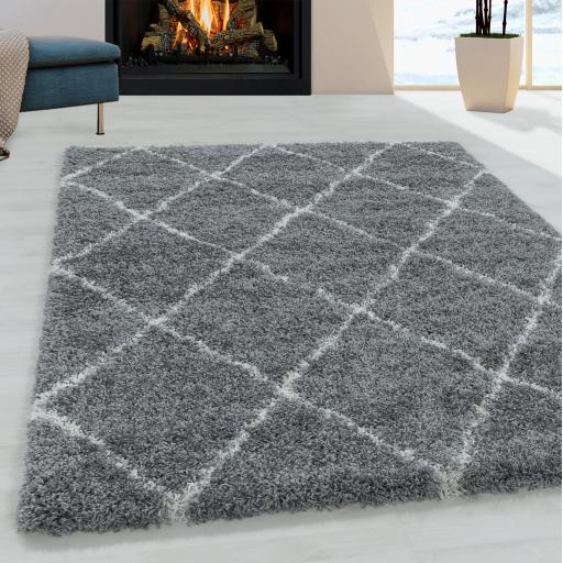 Modern Alvor Geometric Soft Plush Shaggy Rug in Blue, Cream, Grey, Taupe and Terra