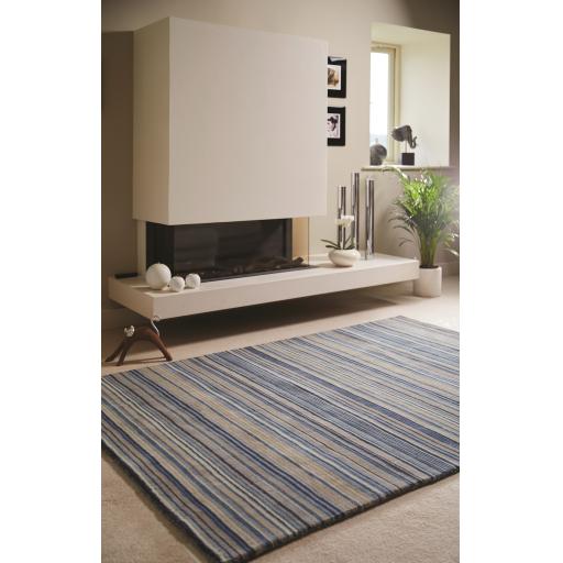 Origins Fine Stripes Hand Loom Woven Wool Rug Halway in Blue Beige