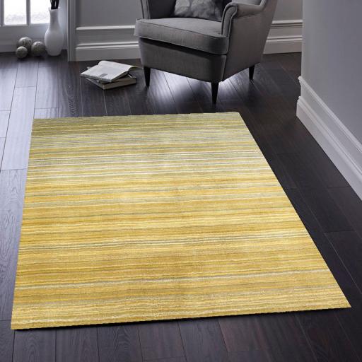 Origins Fine Stripes Hand Loom Woven Wool Rug Halway in Ochre