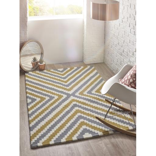 Lulu Modern Handmade Wool Geometric Rug in Ochre Grey Smalll 80x150 cm