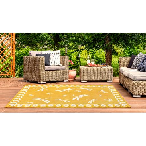 Terrace Dragonfly Outdoor Bordered Rug in Terracotta, Blue, Gold, Teal and Natural