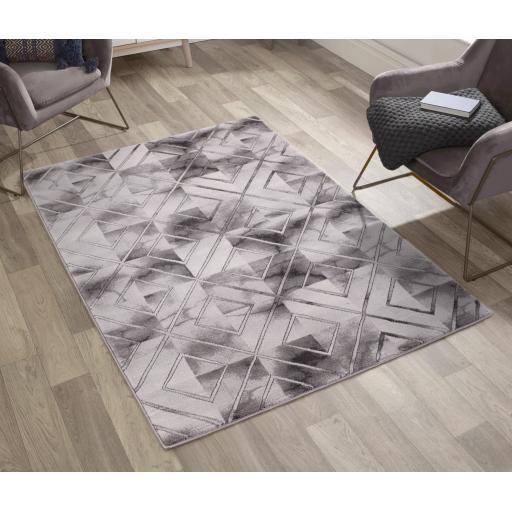 Bianco 196SA Luxurious Marble Chekered Geometric Design Soft Rug in Cream Gold and Grey