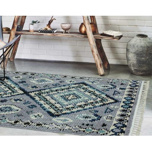 Cyrus CY08 Ines Traditional Moroccan Tribal Berber Style Fringed Soft Rug in Blue Grey Small Size 80 x 150 cm