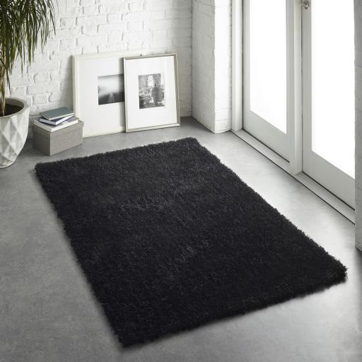 Chicago Shaggy Modern Plain Rug Hallway Runner Circle in Black