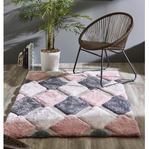 Origins 3D GEO Shaggy Modern Rug in Blush Pink, Red, Ochre and Grey