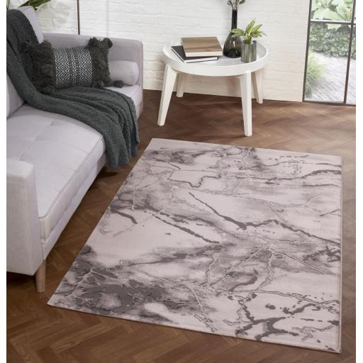 Bianco 185KA Luxurious Abstract Marbled Design Rug in Cream Gold and Dark Grey Silver