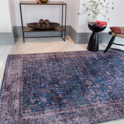 Kaya Ava KY02 Traditional Classic Persian Floral Flatweave Washable Rug in Blue Black