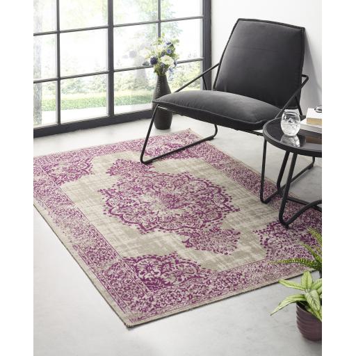 Origins Saville Traditional Medallion Indoor Outdoor Rug Hallway Runner in Grey Blue, Raspberry