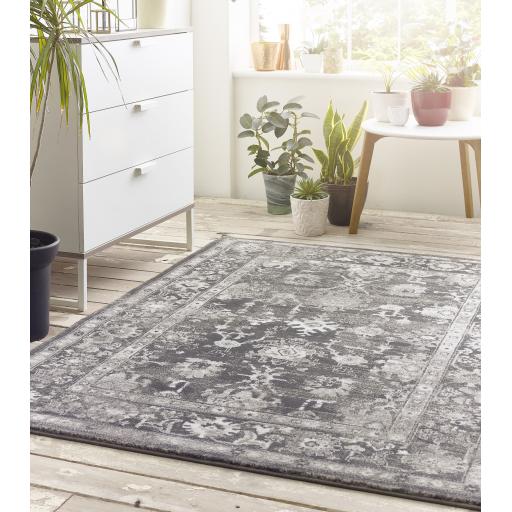 Origins Anatolia Traditional Bordered Floral Classic Rug in Light Dark Grey and Red