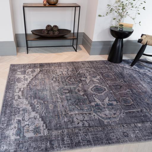 Kaya Noor KY03 Traditional Persian Tribal Medallion Floral Flatweave Washable Rug in Grey Silver