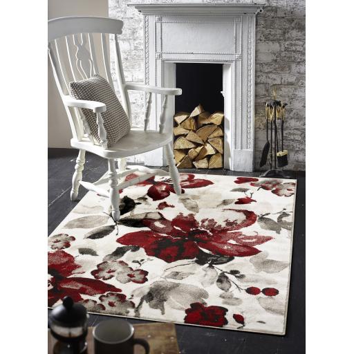 Origins Watercolour Floral Modern Abstract Rugs in Red Grey