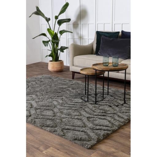 Harrison Diamond Geometric Carved Soft Shaggy Charcoal, Greige, Navy, Sage Green, Silver White Rug