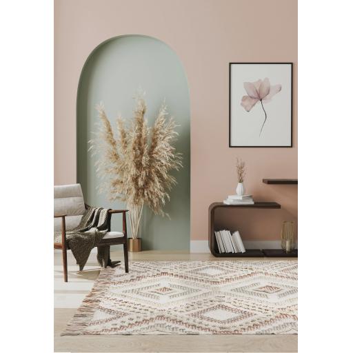 Carlton Hand Woven Geometric Indoor Outdoor Rugs with Tassels in Pink, Mustard and Grey