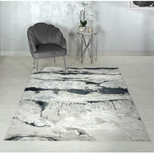 Aurora AU05 Quartz Metallic Silver Black Modern Shiny Abstract Marbled Pattern Rug