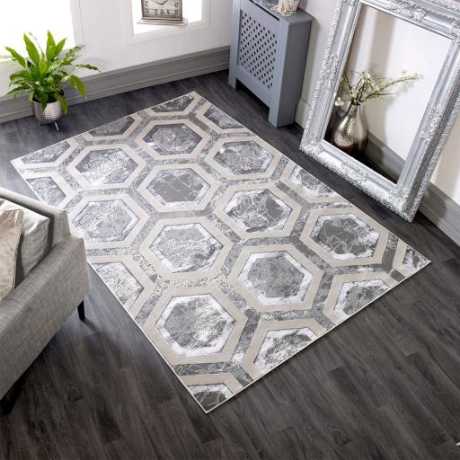 Aurora Crystal AU12 Geometric Honeycomb Shiny Silver Beige Rug