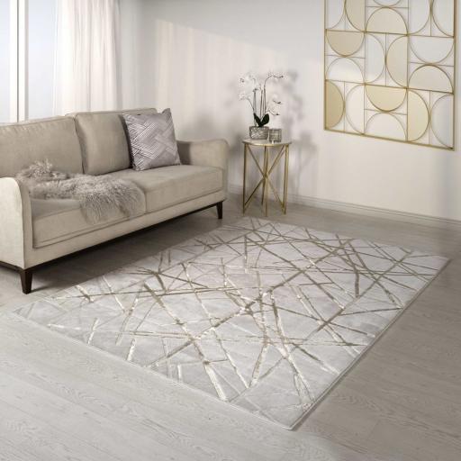 Aurora Mica AU13 Geometric Stripes Shiny Metallic Beige Gold Rug