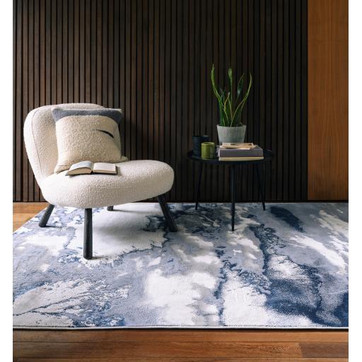 Aurora Storm AU20 Modern Marbled Shiny Blue Silver Rug