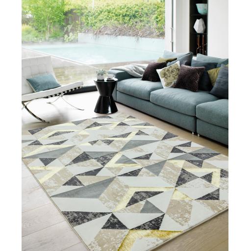 Orion Flag Modern Abstract Geometric Metallic Rug in Grey Silver Gold 200 x 290 cm