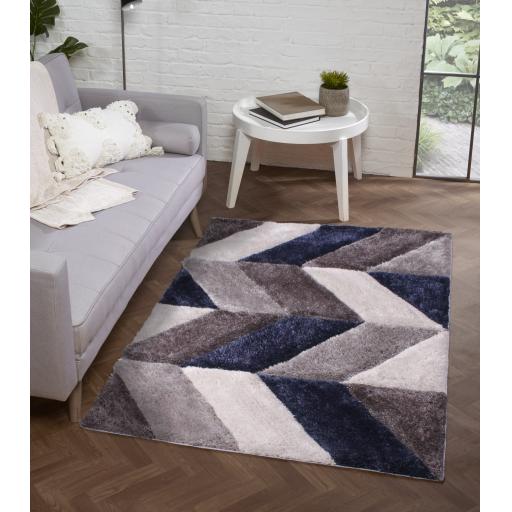 Blazon Modern 3D Hand Carved Geometric Shaggy Super Soft Rug in Blush Pink, Grey, Natural, Ochre Navy Blue