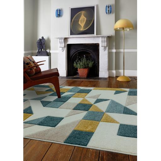 Sketch SK03 Geometric Shapes Hand Carved Rug in Green Blue Multi Coloured 200 x 290 cm