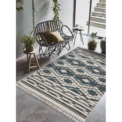 Taza Aztec Scandi 3D Design Fringed Rug Hallway Runner in Green Terracotta Ochre Black