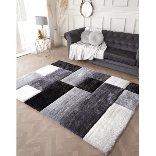 Modern 3D Hand Carved Blocks Soft Silky Shaggy Rug in Grey, Natural, Blush Pink, Yellow Ochre