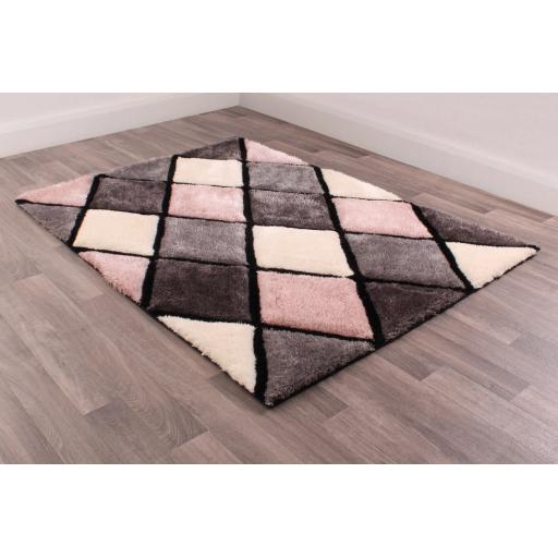 Modern 3D Carved Diamond Soft Sparkle Silky Shaggy Rug in Blush Pink, Grey, Yellow Ochre Navy Blue