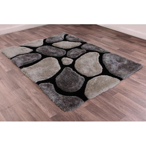 Modern 3D Carved Stepping Stones Soft Silky Shaggy Small Rug in Black 60x110 cm