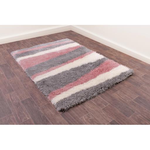 Boston Lightning Stripe Soft Silky Shaggy Rug in Grey Blush Pink, Red, Ochre