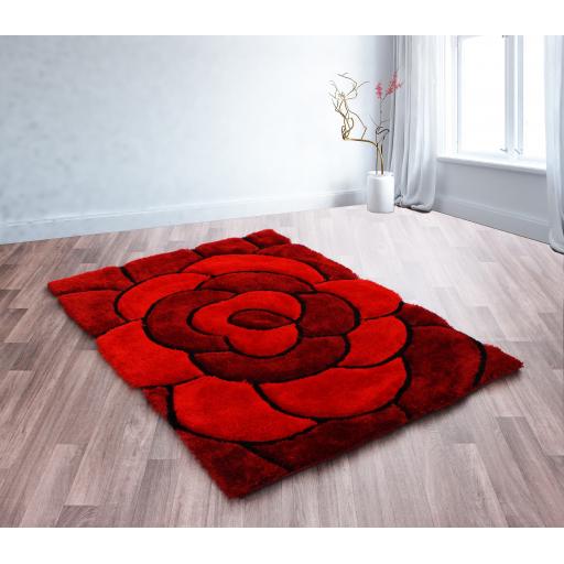 Modern 3D Carved Rose Soft Silky Shaggy Rug in Red, Natural, Charcoal Chocolate