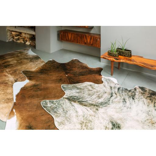 Texas Faux Cowhide Print Sheepskin Fur Rug in Grey, Brown and Chesnut 190 x 240 cm