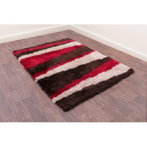 Boston Lightning Stripe Soft Silky Shaggy Rug in Grey Blush Pink, Red, Ochre