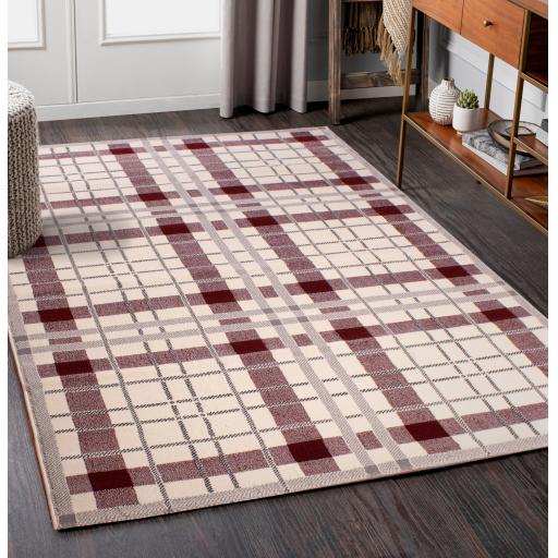 Tartan Check Pattern Rug Hallway Runner in Cream Red, Grey Ochre