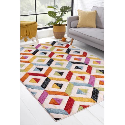 Spectra Carved Sarasota Geometric Rainbow Bright Multi Coloured Soft Rug Hallway Runner