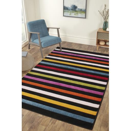 Spectra Carved Stilo Geometric Striped Rainbow Bright Multi Coloured Soft Rug Runner Round