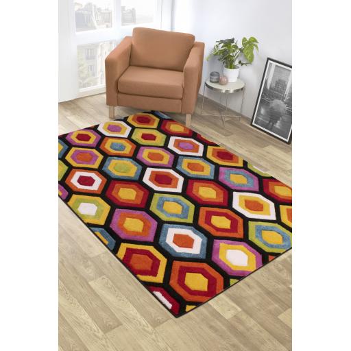 Spectra Carved Marco Geometric Rainbow Bright Multi Coloured Rug Hallway Runner