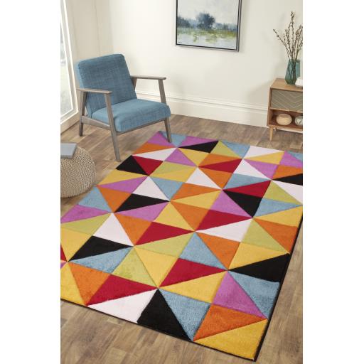 Spectra Carved Destin Geometric Rainbow Bright Multi Coloured Soft Rug Hallway Runner Round