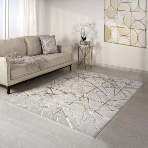 Aurora Mica AU13 Geometric Stripes Shiny Metallic Beige Gold Rug in 160 x 230 cm (5'3''x7'7'')