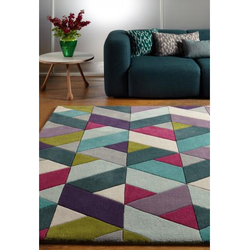 Funk Hand Tufted Wool Chevron Geometric Multi Coloured Blue Green Rug Hall Runner