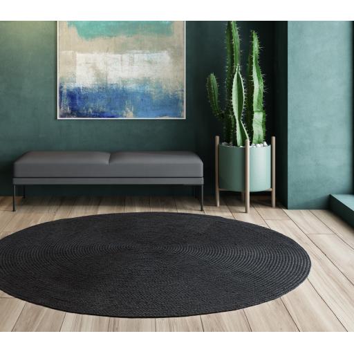 Nico Hand Made Indoor Outdoor Garden Kitchen Circle Round Rugs in Grey Black 200x200 cm