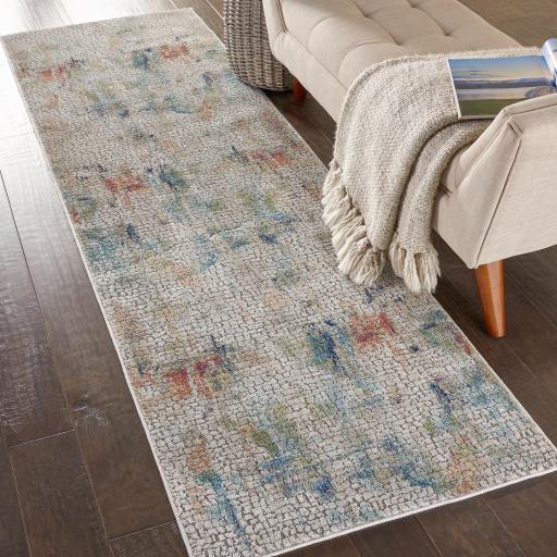 Nourison Ankara Global Modern Abstract Silky Hallway Runner Rug in Ivory Multi