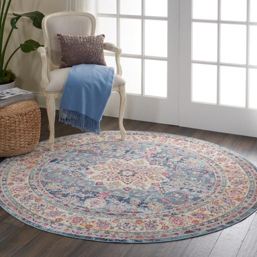 Nourison Vintage Kashan VKA01 Traditional Rug Bedroom Living Room Oriental Classic Round Rug in Blue