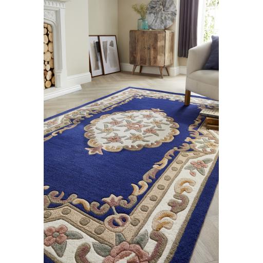 Origins Aubusson Shensi Traditional Wool Round, Hallway, Halfmoon Rug in Navy