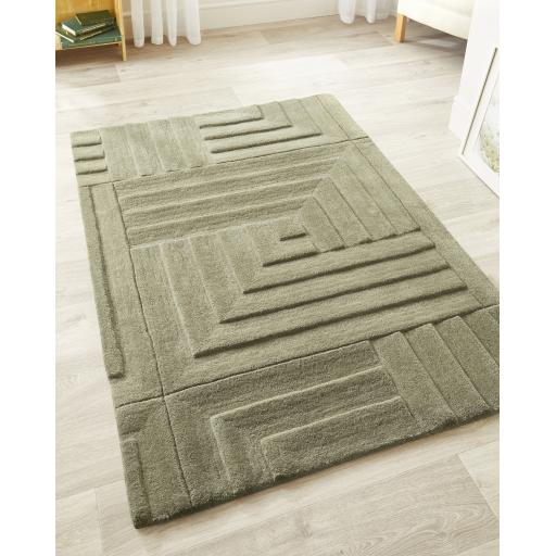 Origin Maze Rug Soft Wool Linear Geometric Rug in Olive Green Extra Large Size 200x290 cm