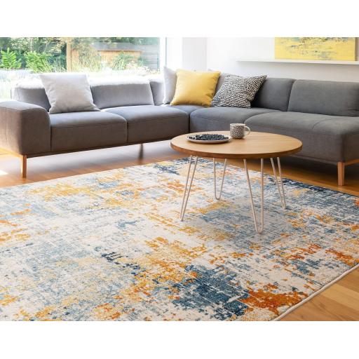 Nova Illusion Ochre Blue NV39 Abstract Marble Rug