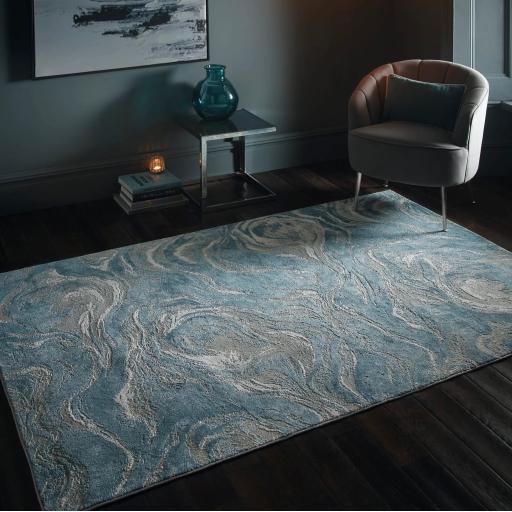 Lavico Swirl Marbled Rug Modern Abstract Silk Shiny Rug by Clarke & Clarke in Mineral Blue