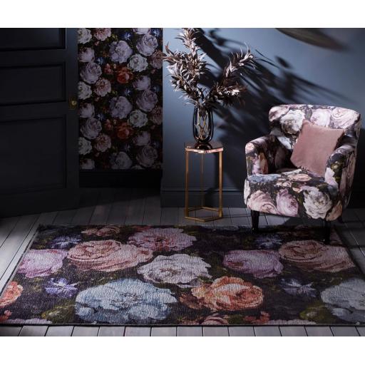 Floretta Floral Rug by Clarke & Clarke Botanical Roses Flatweave Rug in Blush Charcoal