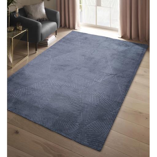 Blaize Geometric Rug by Clarke & Clarke Soft Silky Quality Viscose Geometric Design Rug in Blue Twilight